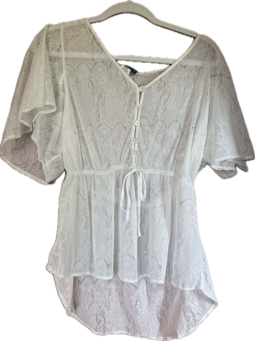 BodyC Women's White‎ Lace Peplum Top with Button Front and Tie Waist